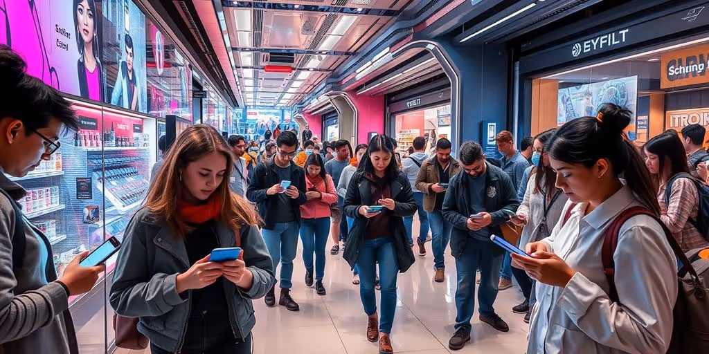 Diverse people using digital devices in a modern shopping setting.