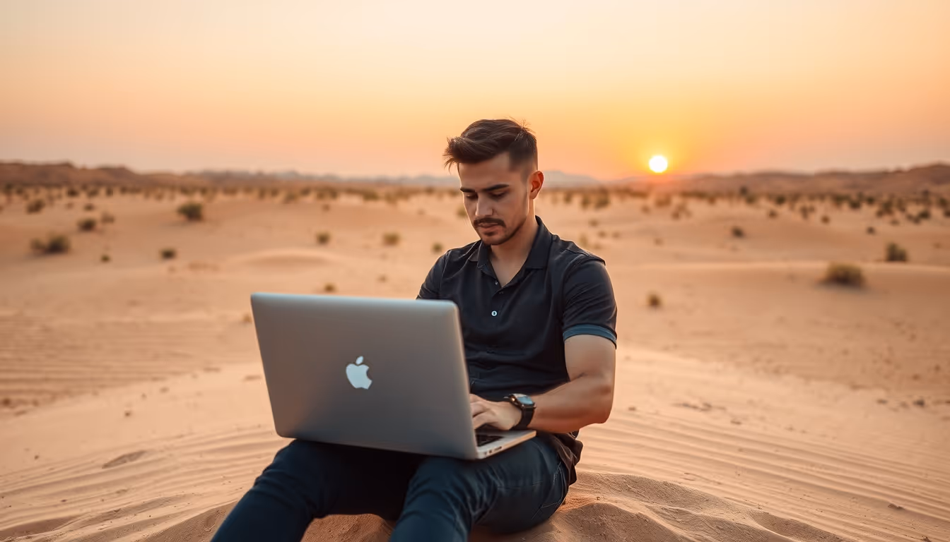 Young man using laptop in desert, representing affiliate marketing.