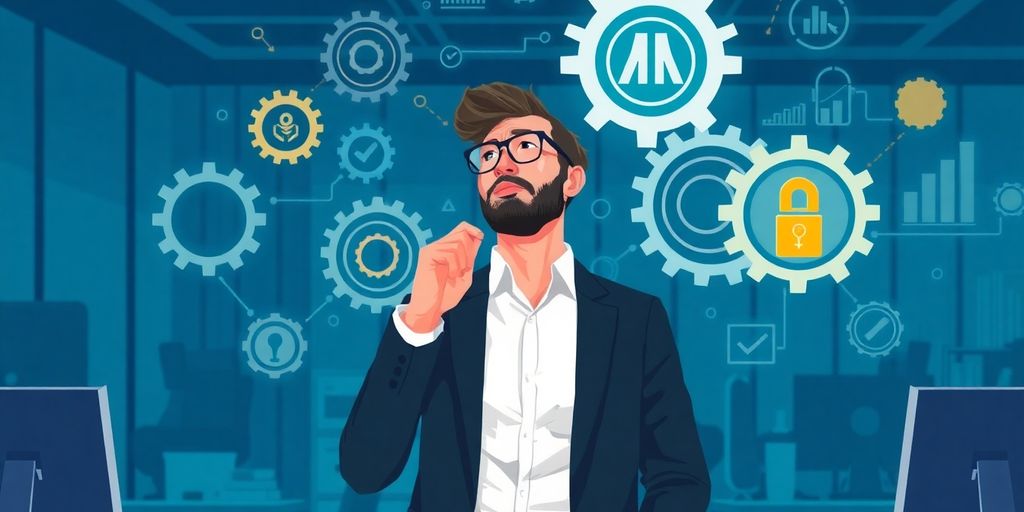 Business owner considering AI tools in modern office.