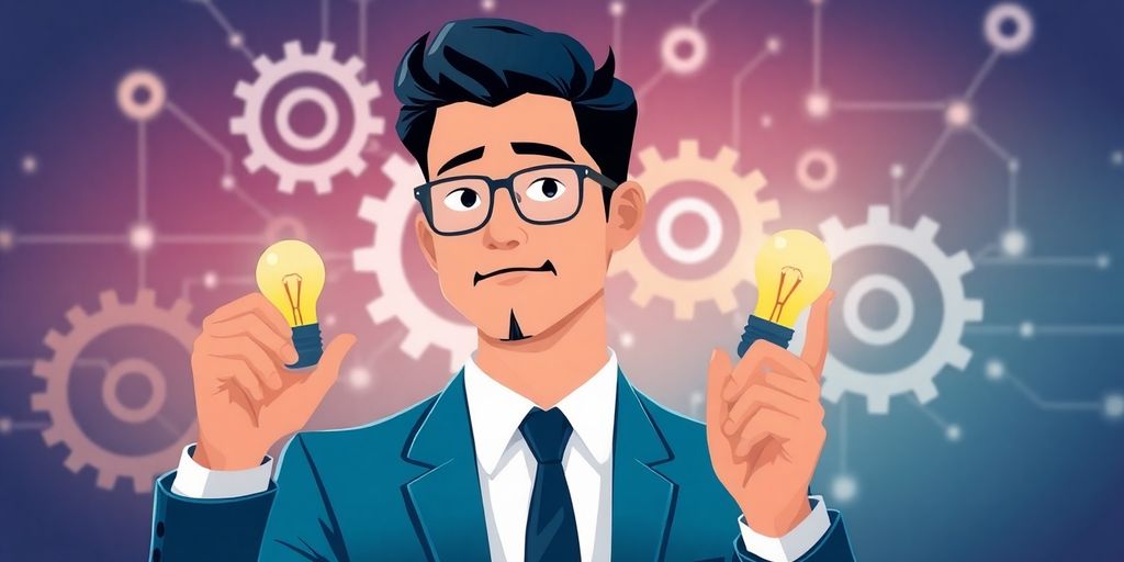 Illustration of a businessman with AI concepts and gears.