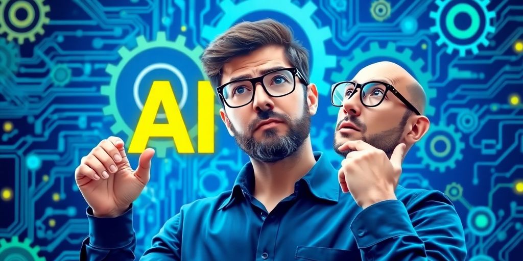 Entrepreneur contemplating AI tools with digital elements.