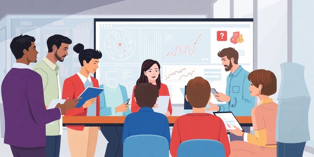 Group of diverse people analyzing AI data collaboratively.