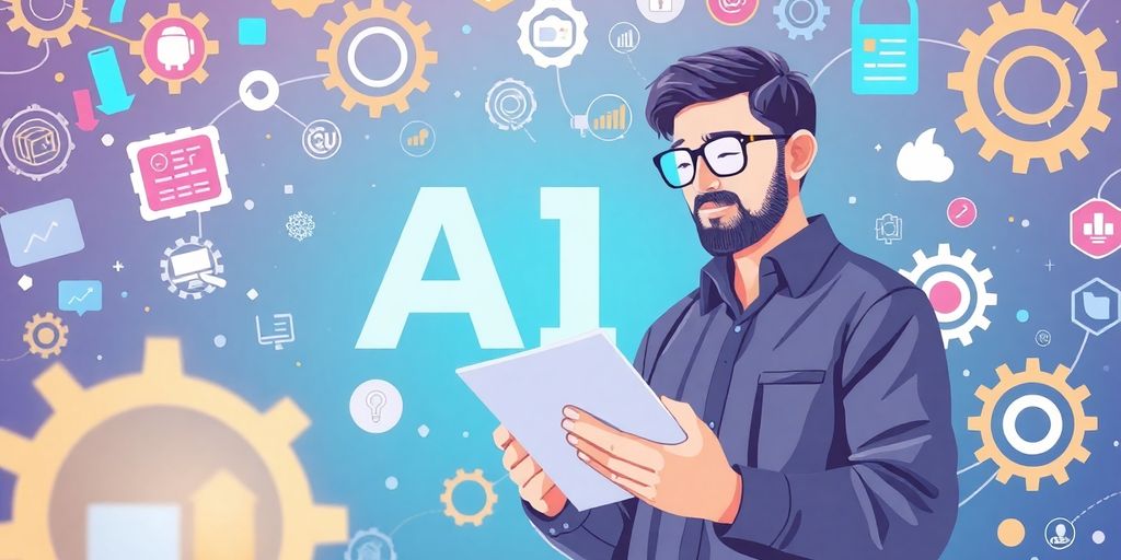 Illustration of a business owner with AI technology elements.