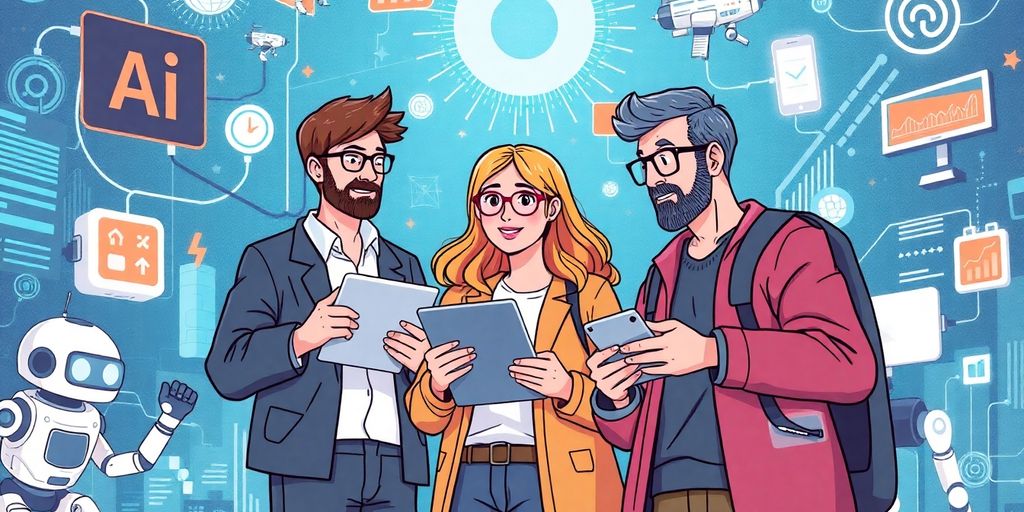 Illustration of small business owners with AI technology elements.