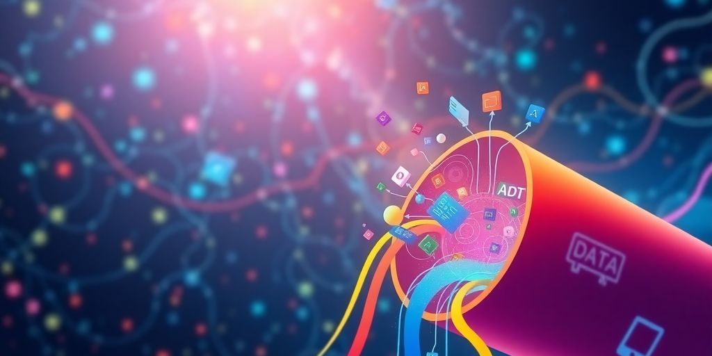 Illustrative data streams flowing into a funnel for AI.