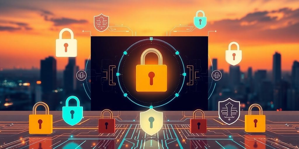 AI interface with digital locks and security elements.