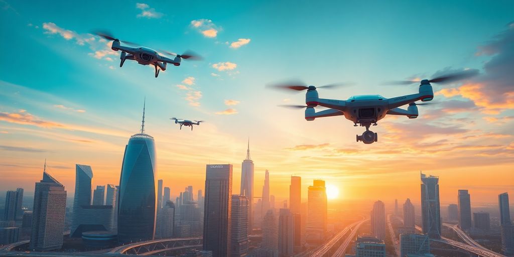 Futuristic city skyline with advanced technology and sunset.