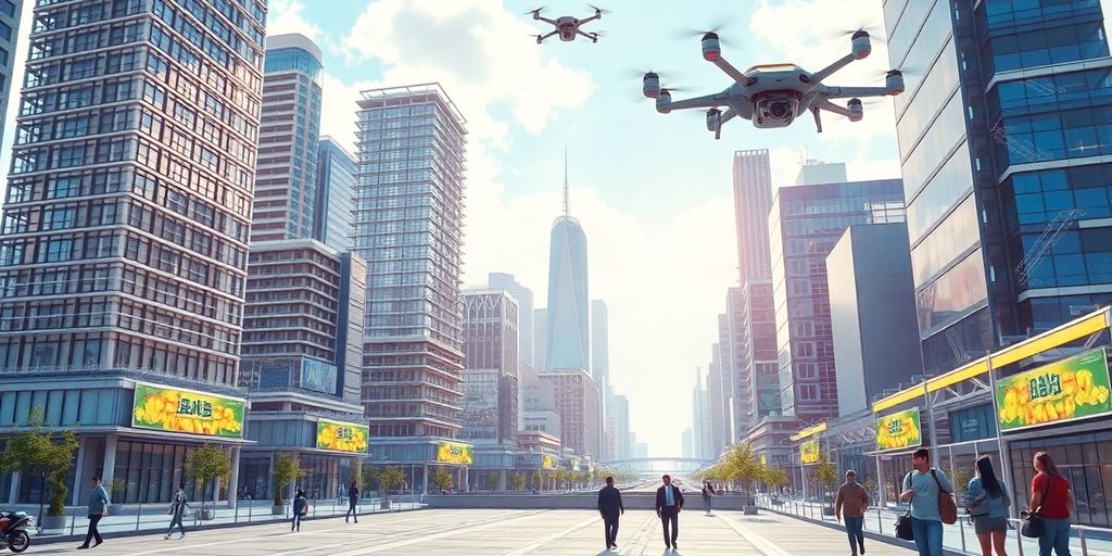 Futuristic city with AI technologies and vibrant activity.