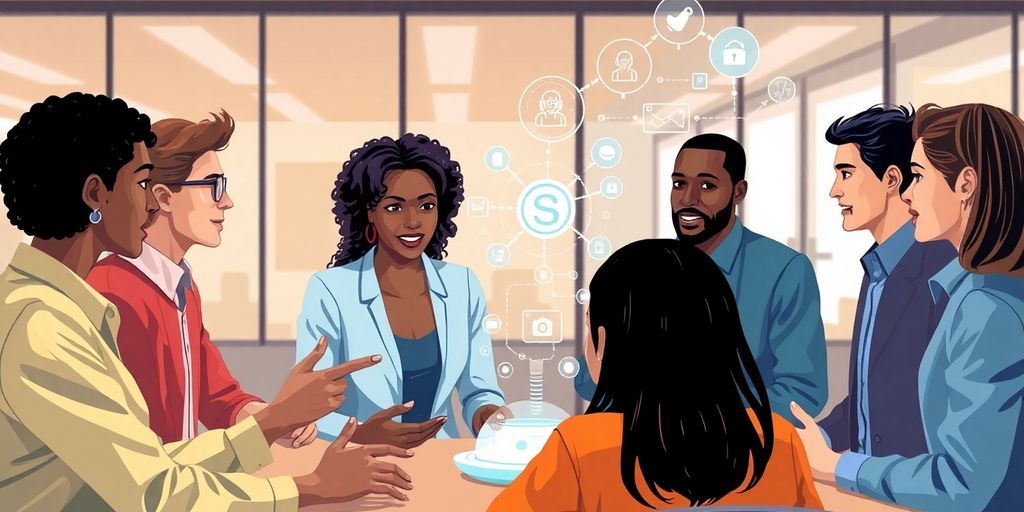Diverse professionals collaborating with AI technology in a modern office.