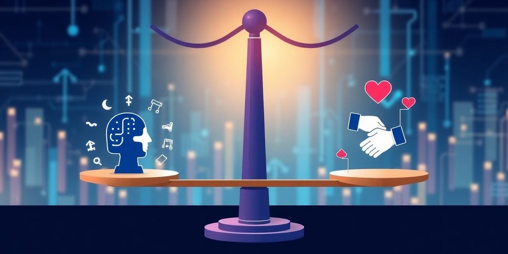 Illustration of balance scale with AI and ethics symbols.