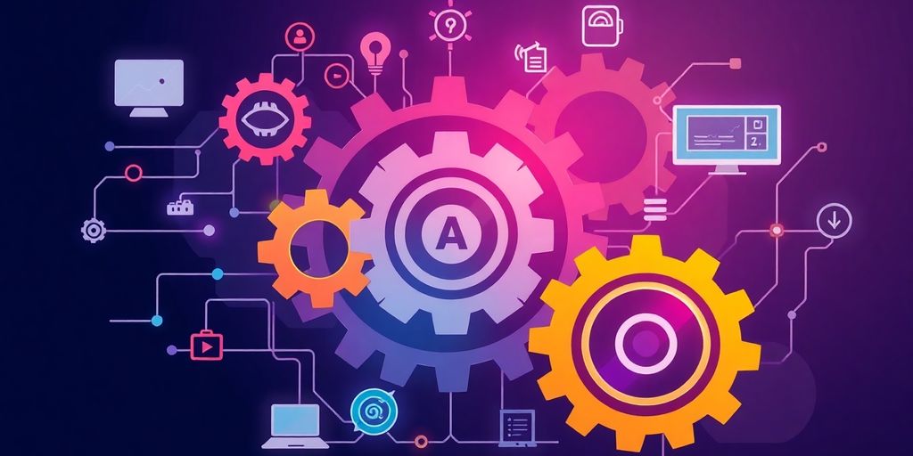 Illustration of gears and devices showing automation integration.