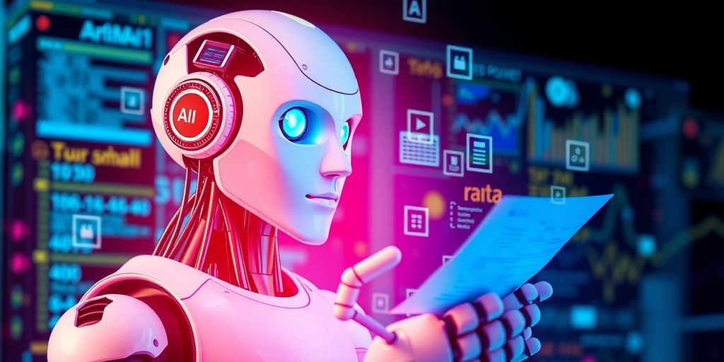 AI robot processing digital documents for business data.