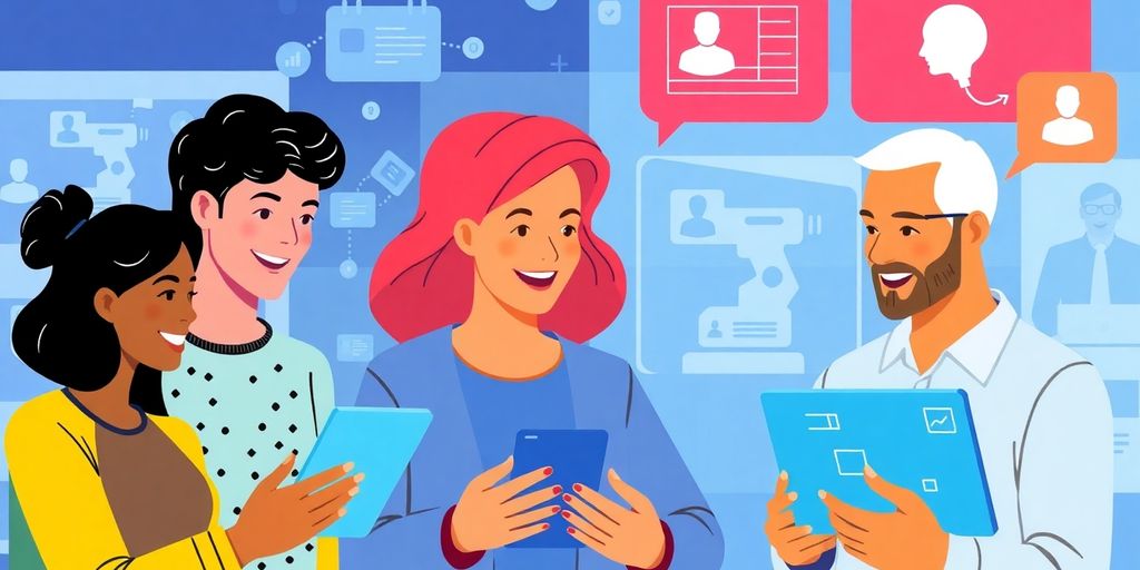 Illustration of customers interacting with automated digital technology.