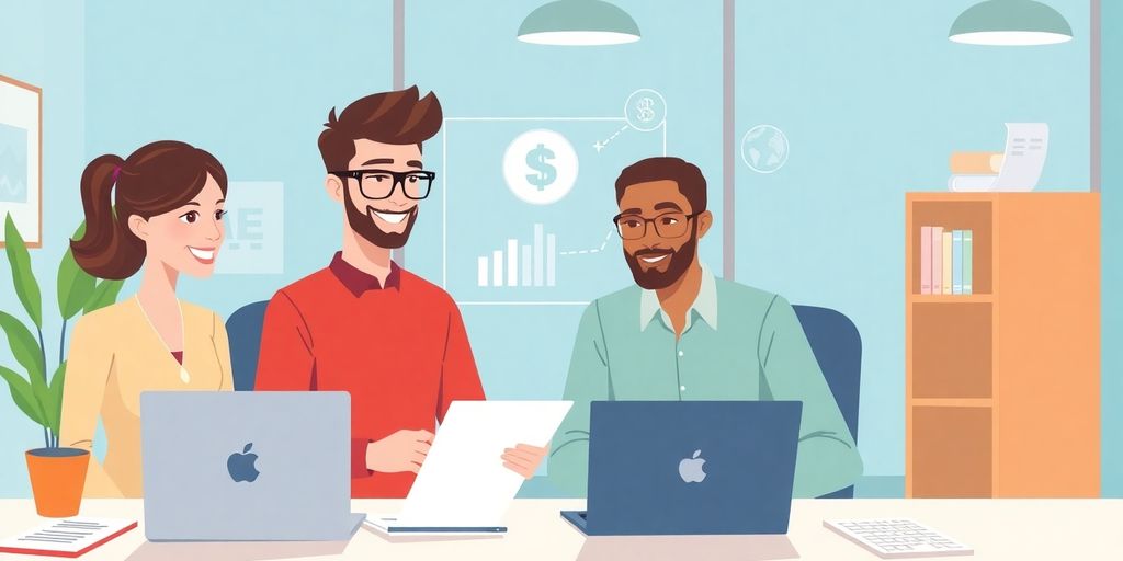 Illustration of small business owners using AI for bookkeeping.