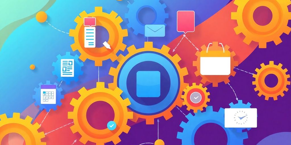 Abstract illustration of gears and digital onboarding icons.