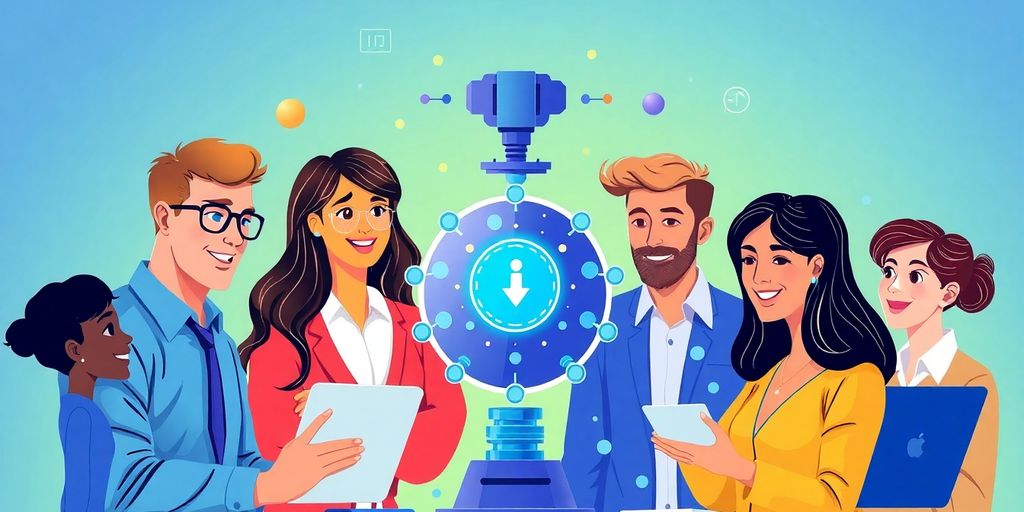 Diverse professionals collaborating with AI technology in a workplace.