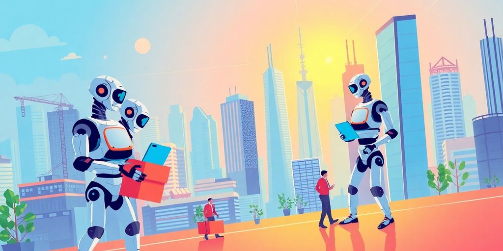 Futuristic city with AI robots aiding workers.