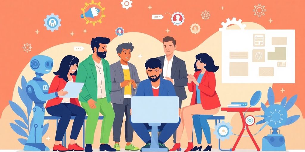 Entrepreneurs collaborating with AI for marketing automation strategies.