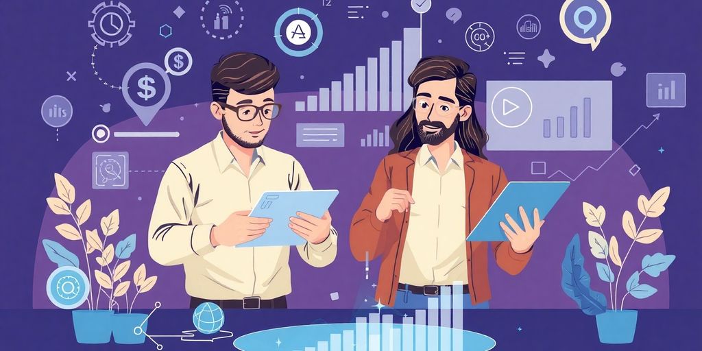 Small business owners using AI tools for data insights.