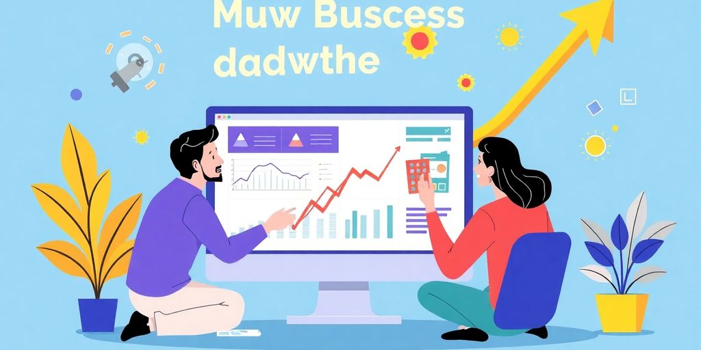 Illustration of small business owners using AI analytics tools.