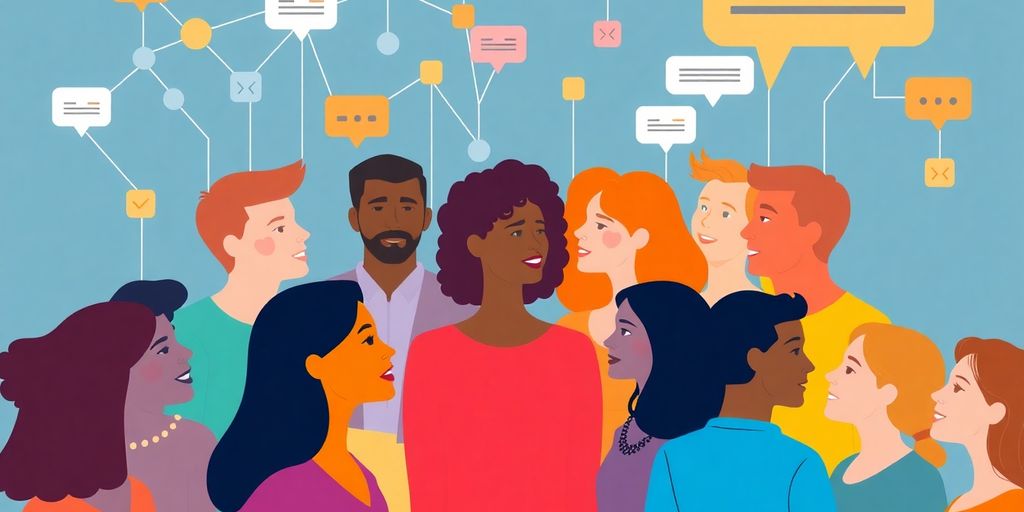 Diverse people discussing customer opinions about a brand.