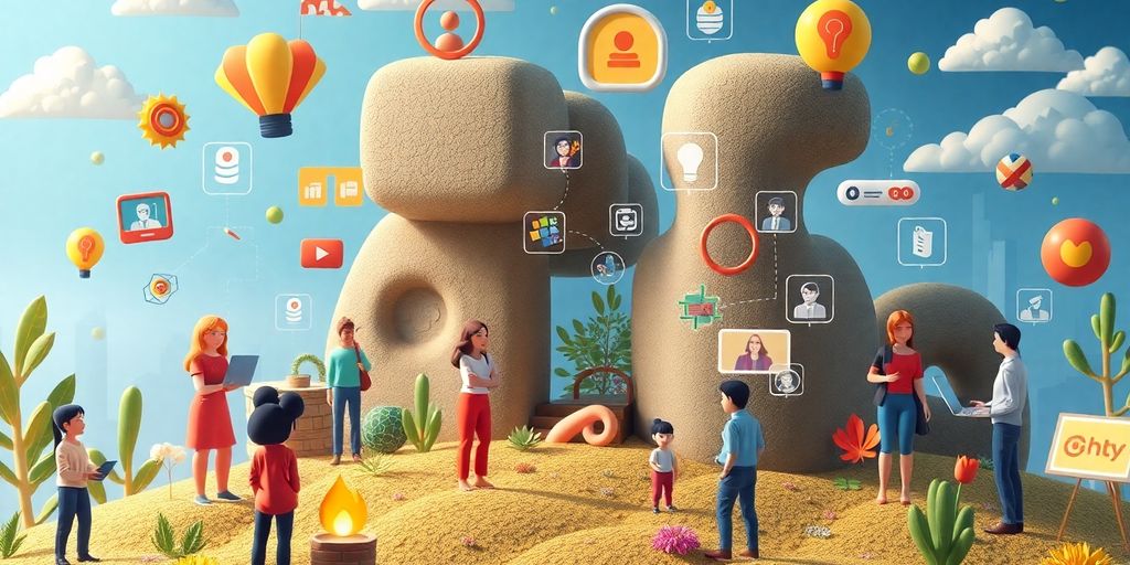 Diverse avatars engaging with AI marketing tools in a landscape.
