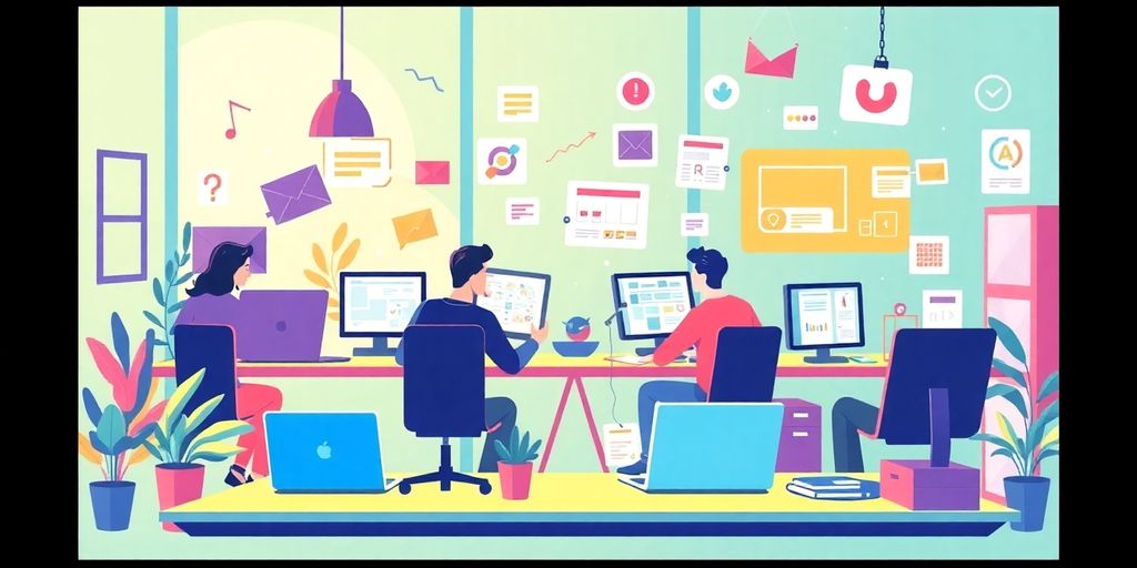 Illustration of entrepreneurs using AI for content creation.