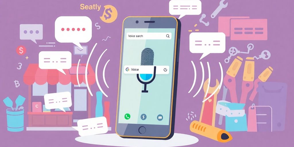 Illustration of smartphone with voice search features and sound waves.