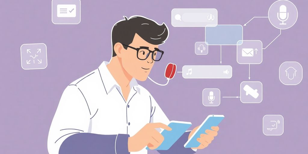 Small business owner using voice search technology illustration.