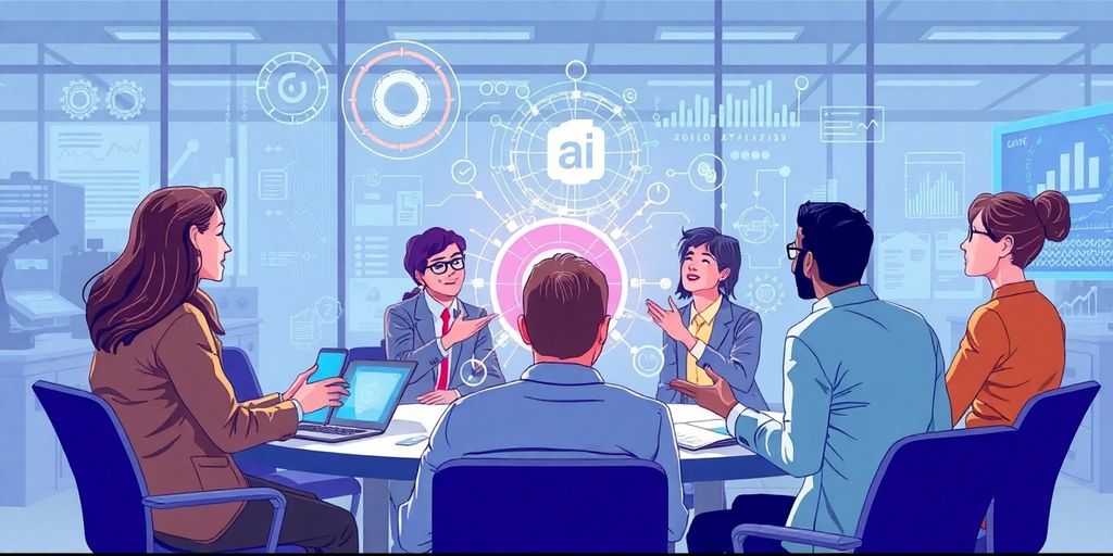 Diverse professionals discussing AI trends and strategies in office.