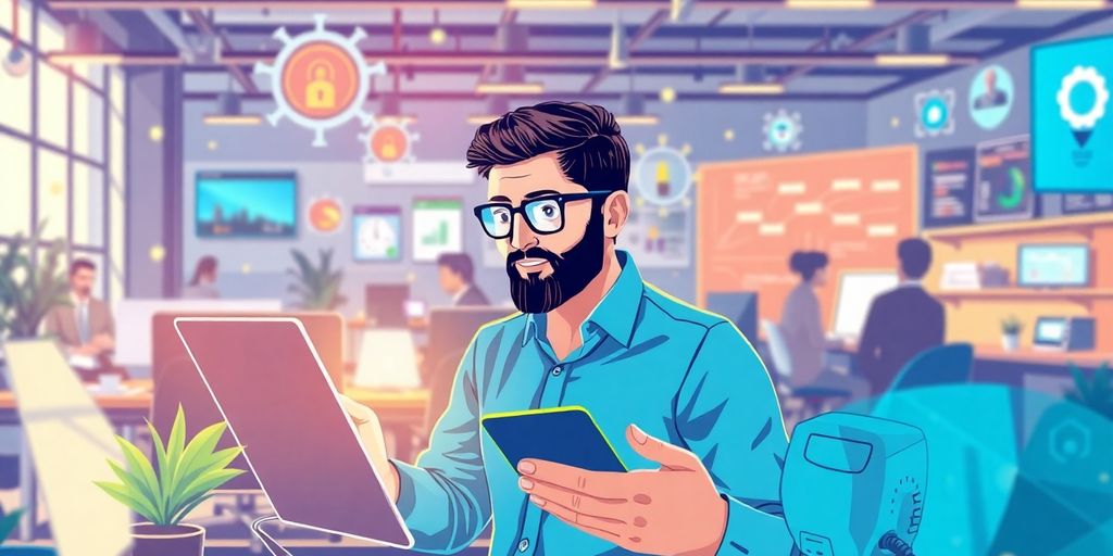 Small business owner using AI tools in a workspace.