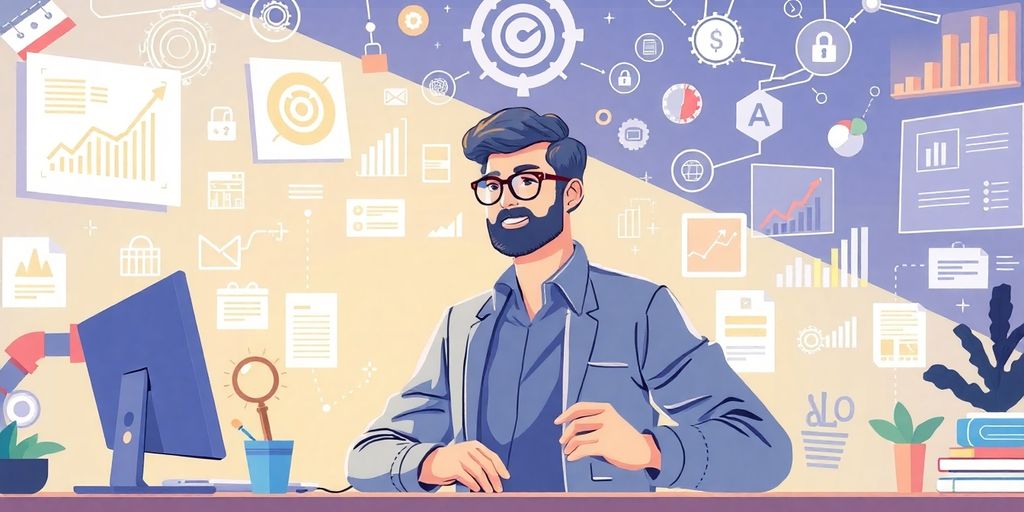 Small business owner using AI tools in a modern workspace.