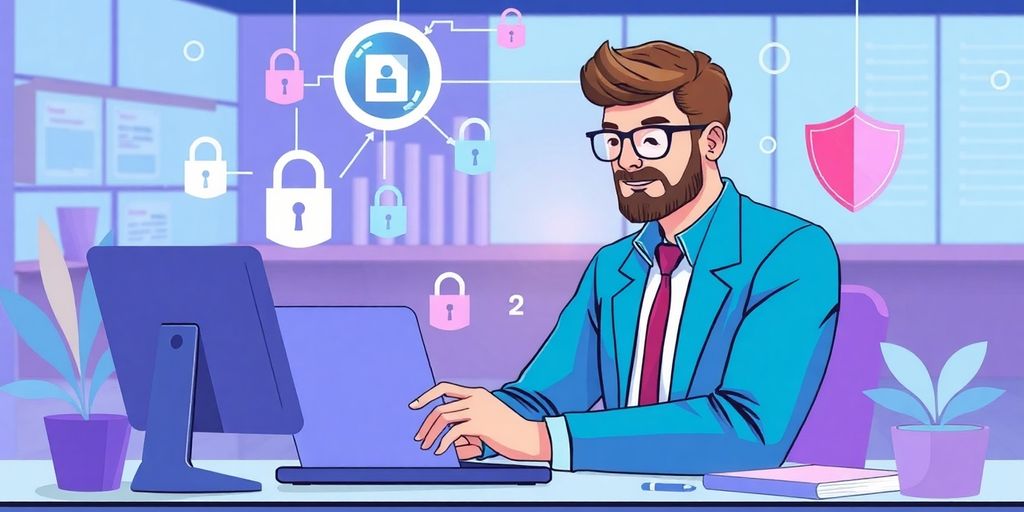 Small business owner with AI technology and data security symbols.