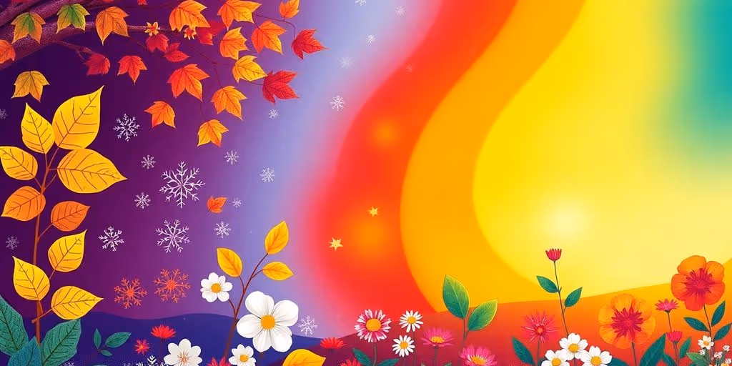 Illustration of seasonal elements like leaves and snowflakes.