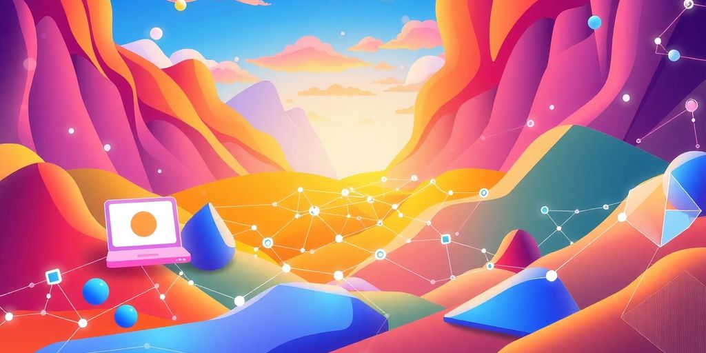 Colorful digital marketing landscape illustrating AI in action.