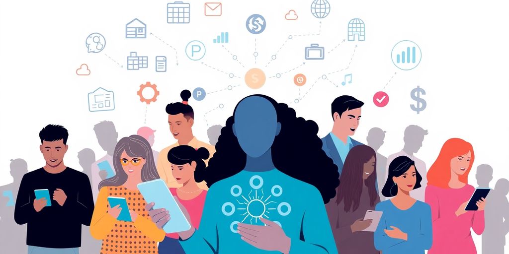 Group of people using devices with AI technology icons.