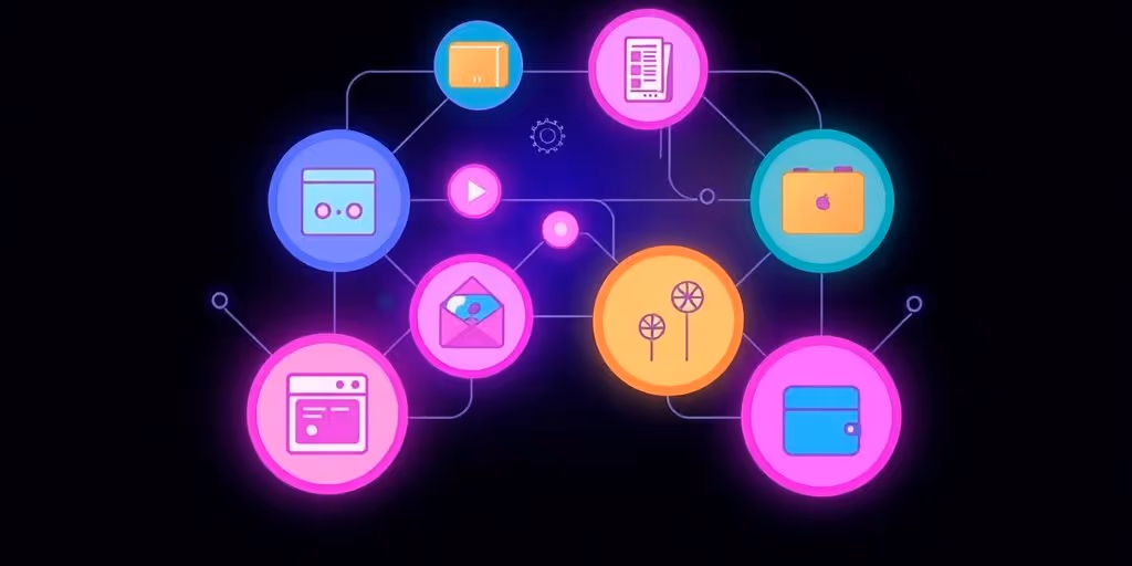 Illustration of interconnected product icons for cross-selling.