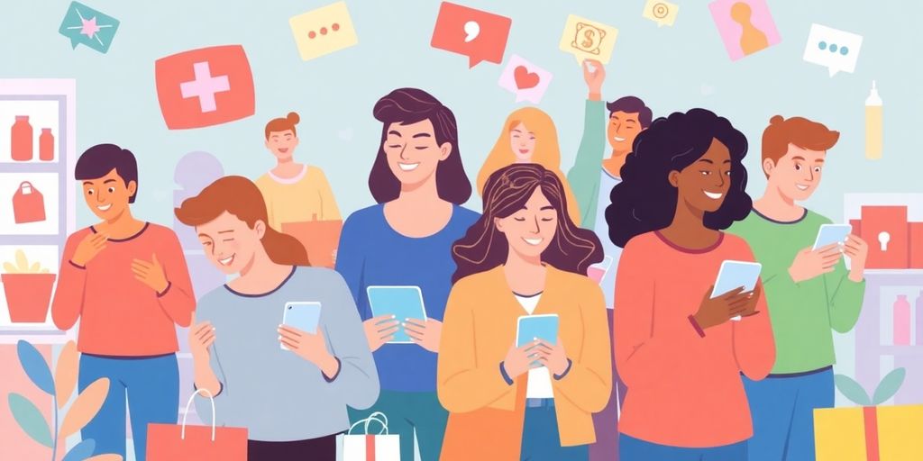Diverse people engaging with digital devices in online shopping.