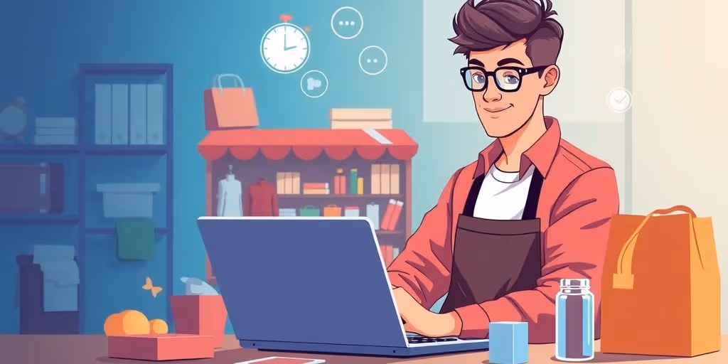 Small store owner using visual search technology on laptop.