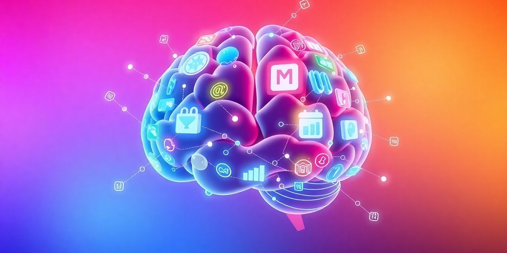 AI brain with product icons illustrating cross-selling concepts.