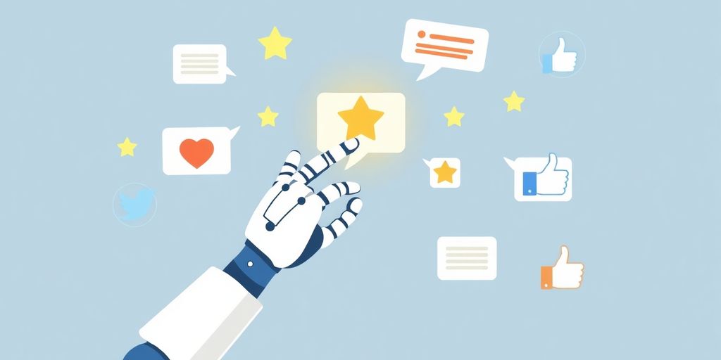 Illustration of AI hand with customer feedback icons.