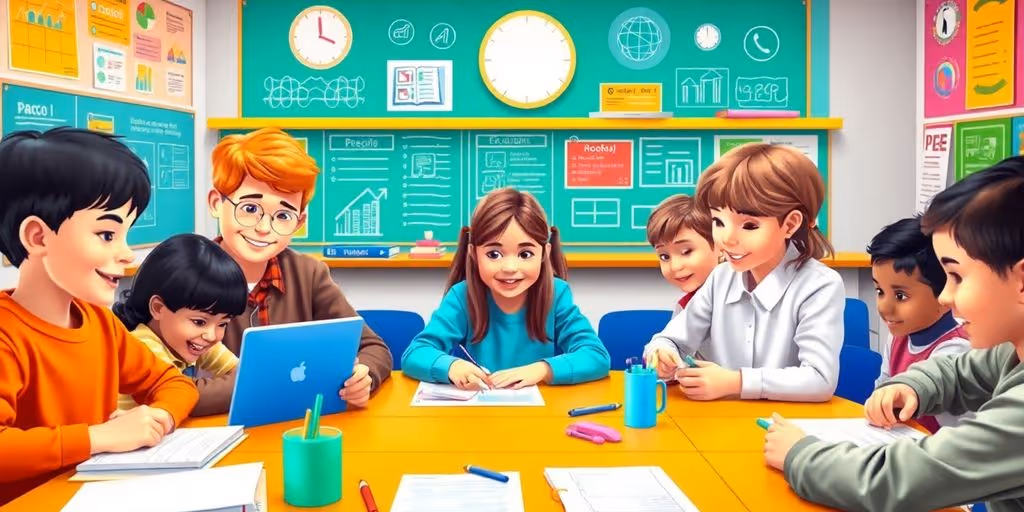 Diverse students collaborating with AI educational tools.