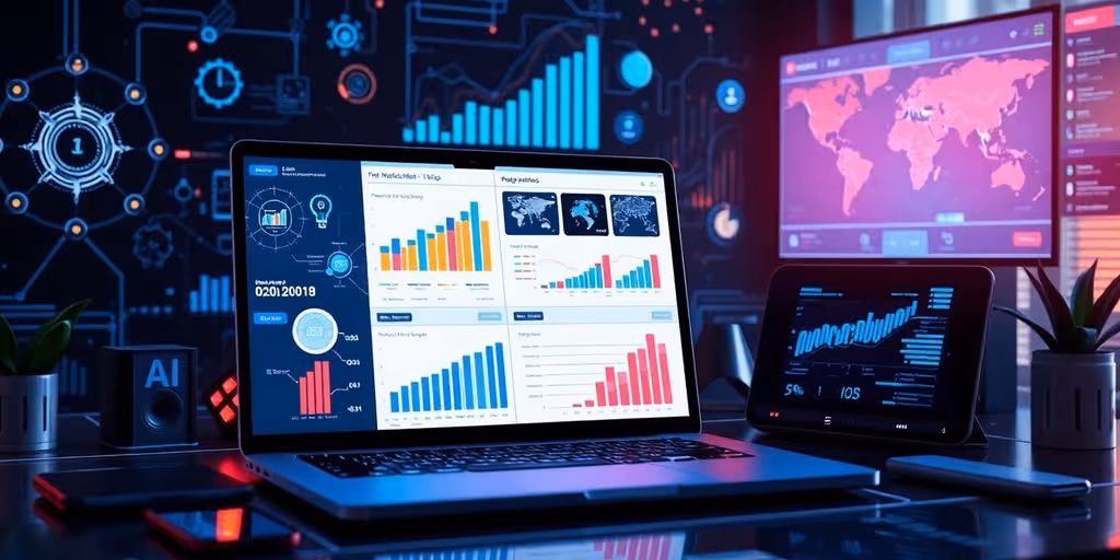 Futuristic workspace with AI tools and market analysis.