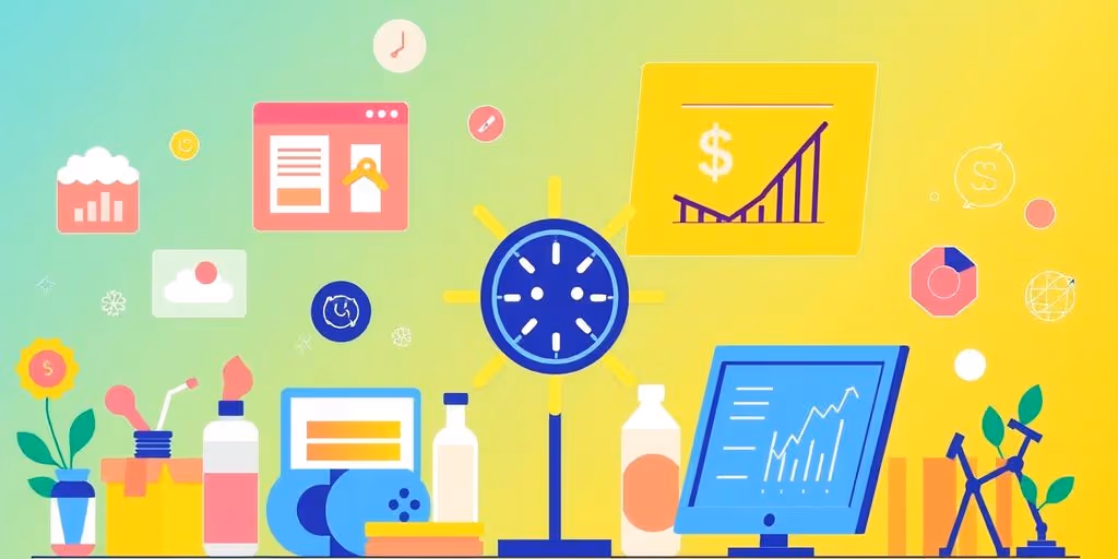 Illustration of digital products with AI pricing strategy elements.