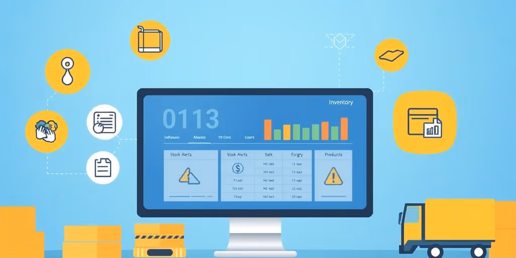 Illustration of inventory dashboard with stock alert icons.