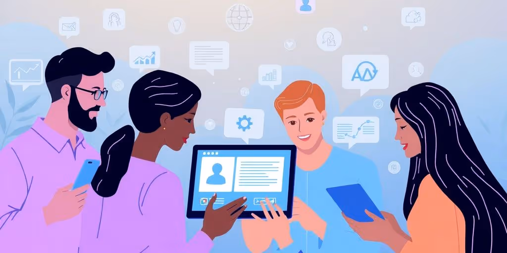People using devices to analyze customer feedback insights.
