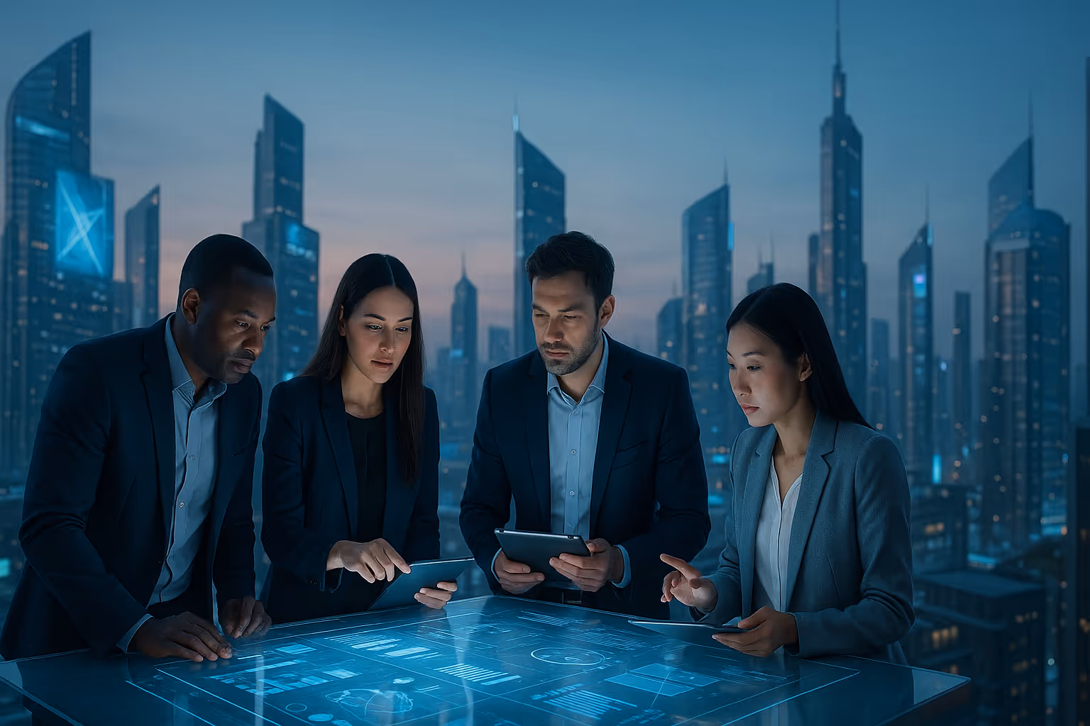 Futuristic skyline with professionals collaborating on technology.