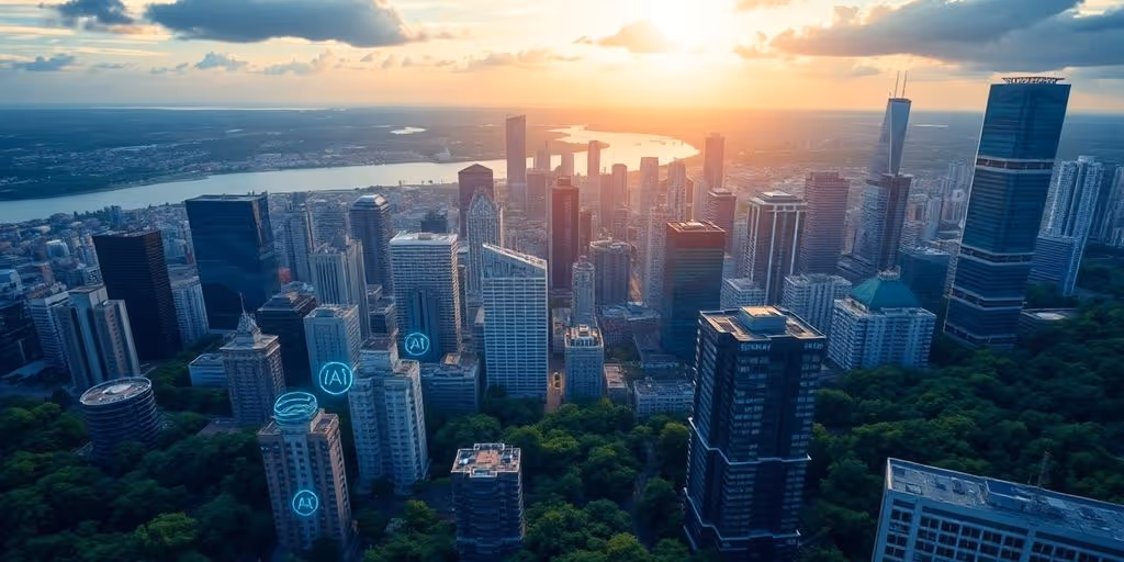 Canadian city skyline with technology and AI motifs.