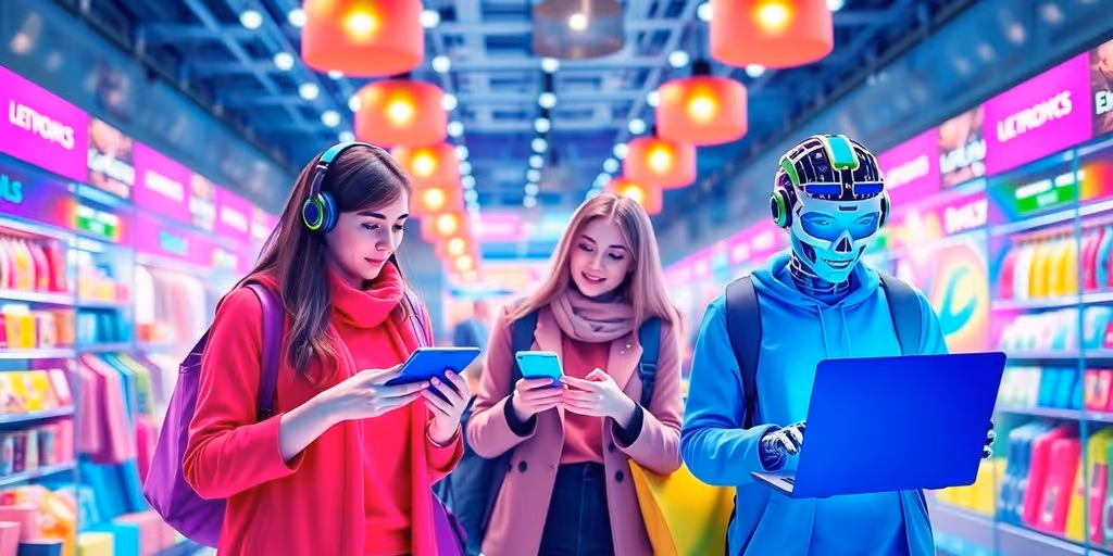 Futuristic online shopping with AI agents assisting customers.
