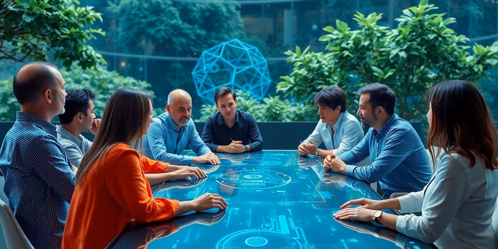 Group discussing AI ethics with futuristic technology elements.